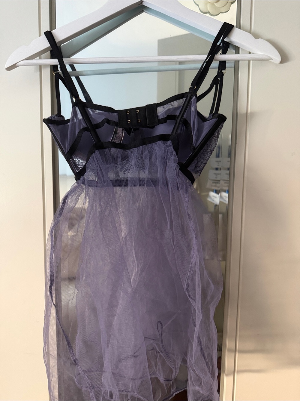 Lavender Lace & Tulle Babydoll Chemise with Black Trim - Picture 3 of 3